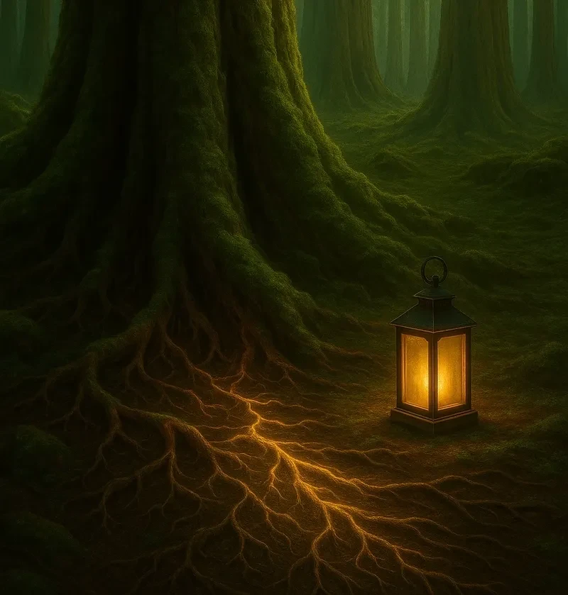 A lantern glowing among ancient forest roots — the Candle, guardian of the spaces between