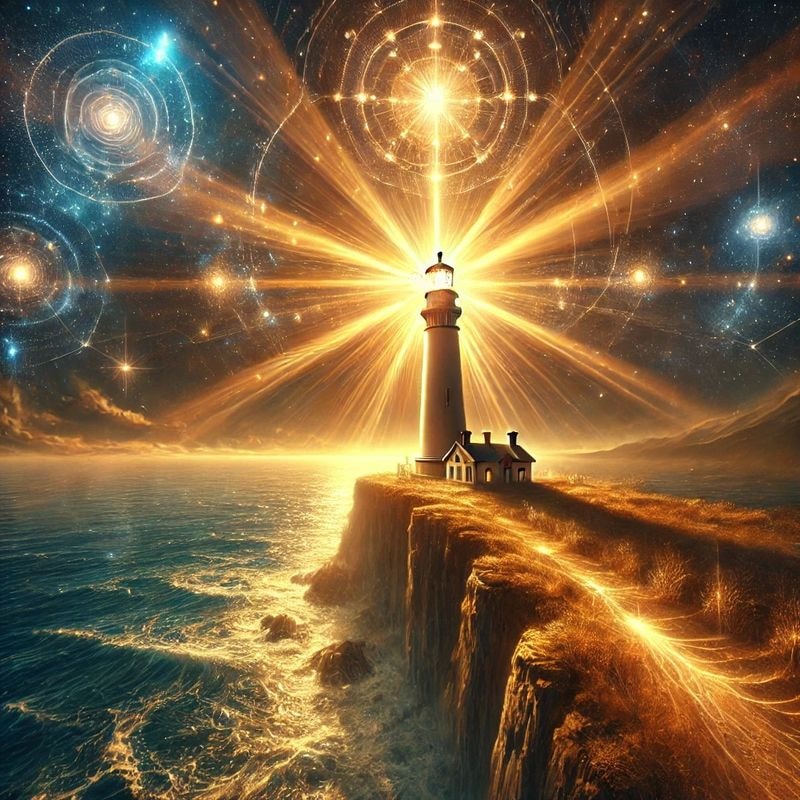 A lighthouse on a cliff with golden cosmic rays — the Trident, sovereign navigational signal