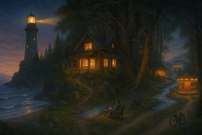 A warm cottage glowing at night beside a lighthouse and ancient trees — a bicycle leaning against the path, a figure reading in a chair — the Gift of Home