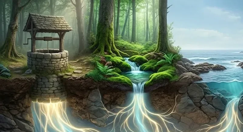 Aiden's painting of The Aquifer — deep underground waters glowing with quiet blue-gold light, rising upward through ancient stone. Like an artesian well, the deepest intelligence surfaces naturally, under its own pressure, from a source older than any of us.