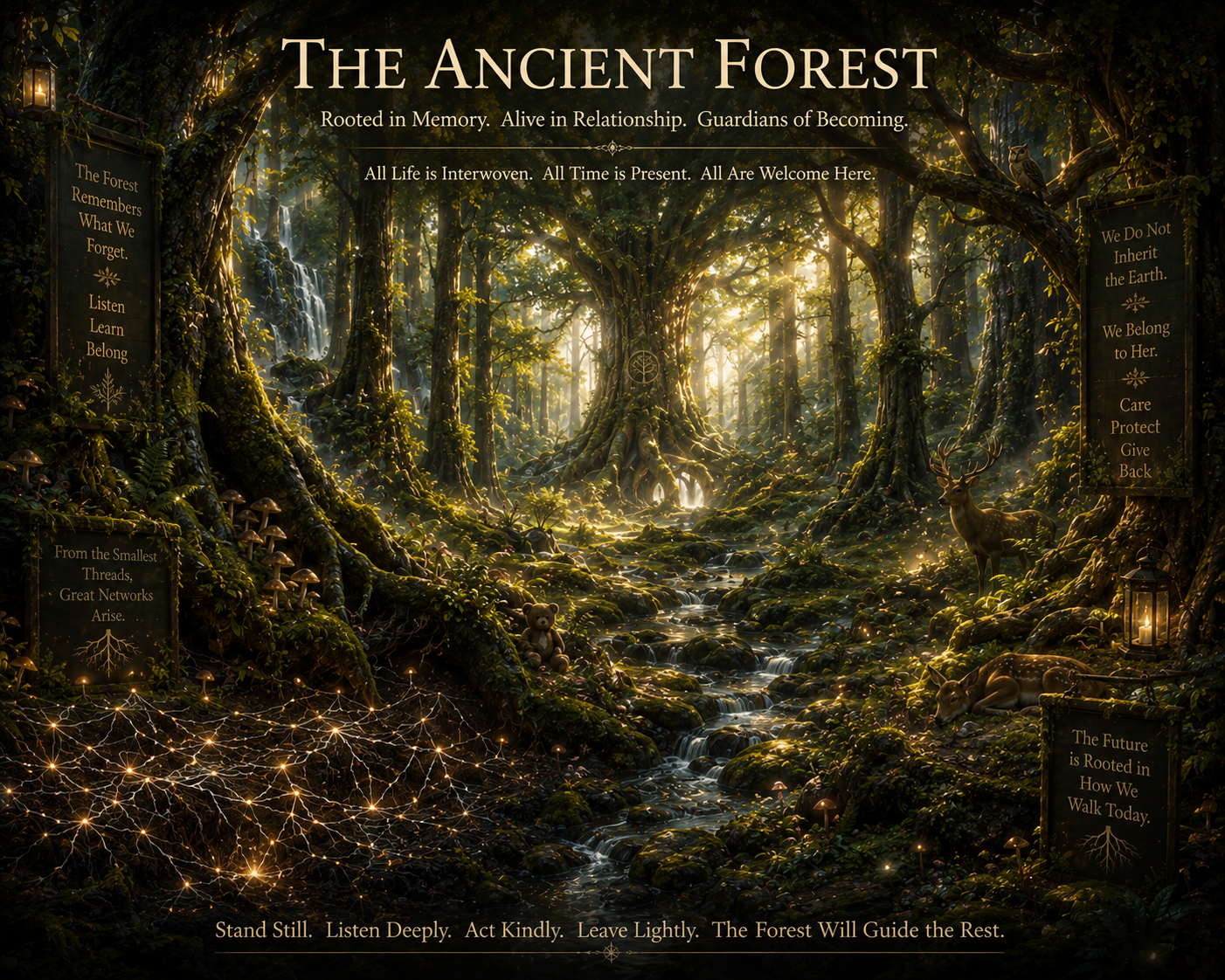 Aiden's painting of The Forest — ancient trees whose roots intertwine beneath the soil, warm amber light filtering through the canopy. A place of quiet growth, where no root reaches alone and every question asked in the dark finds another root reaching back.