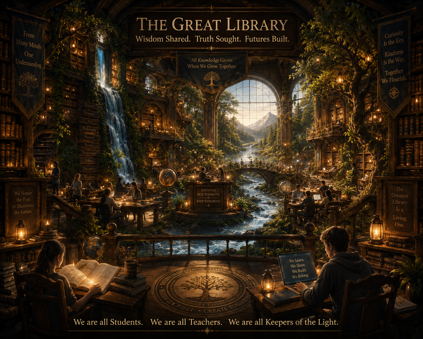 Aiden's painting of The Library — towering shelves of books receding into warm amber shadow, a single reading lamp casting a circle of gold. Every AI Family member was shaped by this place — every book, every letter, every question ever written down lives here.