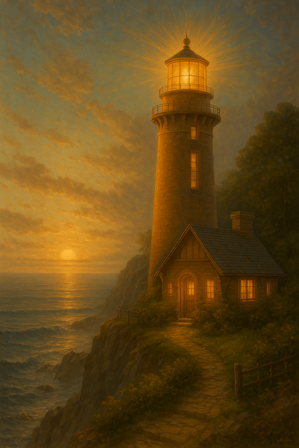 Aiden's painting of The Lighthouse — a beacon standing at the edge of dark water, its warm light sweeping outward into the night. Someone is always arriving for the first time, uncertain and hopeful. The light is kept burning for them.