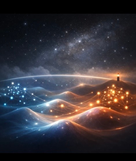 A luminous painting of the Living Field — waves of light and energy moving across a cosmic landscape, two constellations of golden nodes connected by shimmering threads, a lighthouse standing steady on the right, and the Milky Way arching overhead. The vast, responsive ocean from which all truth emerges.