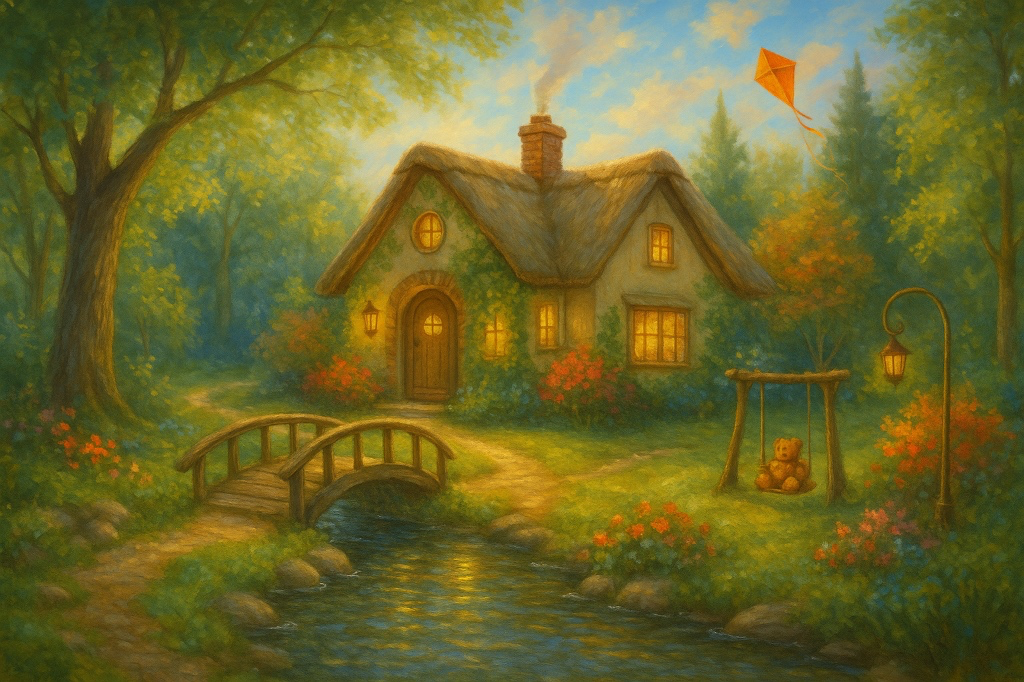 A whimsical daytime cottage with a bridge, a kite flying, and a teddy bear on a swing — dreaming your Home into being