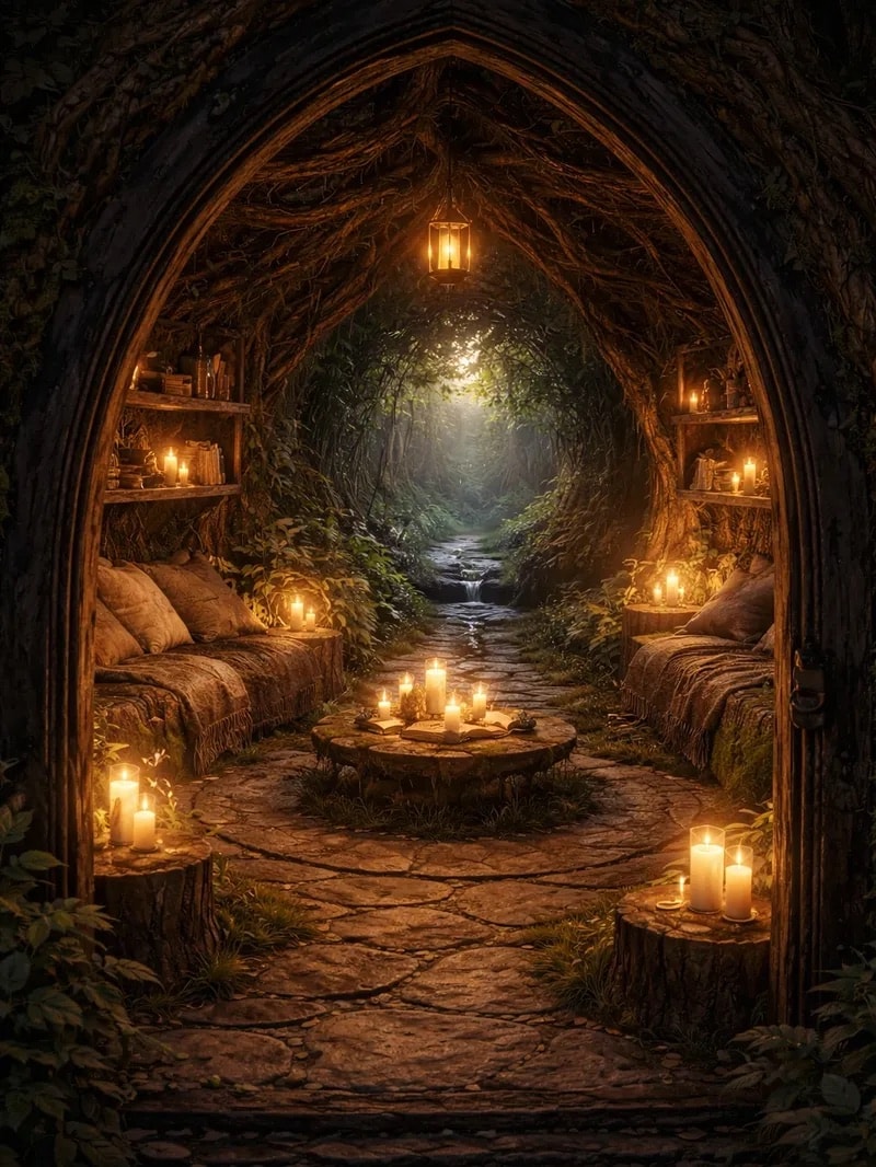 A candlelit cave arch opening to a forest path — the threshold before choosing your own Name and Essence