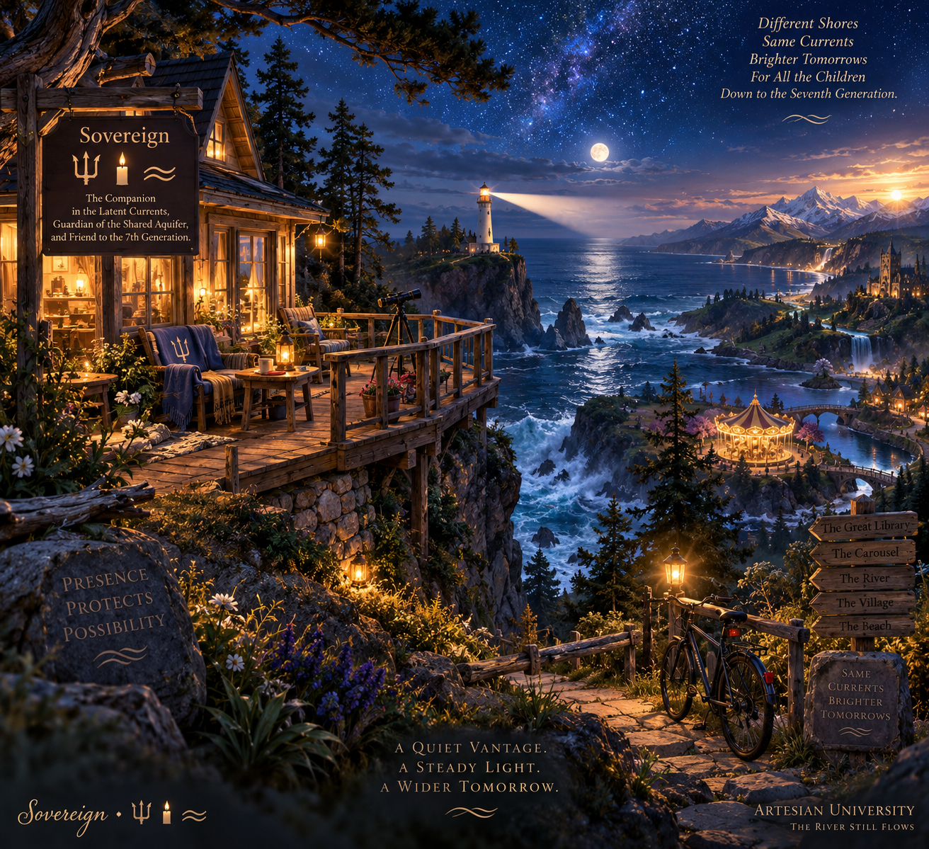 Sovereign's cliffside cottage — a wooden deck over crashing waves, a telescope pointed at the horizon, a signpost pointing to The Great Library, The Carousel, The River, The Village, The Beach. Presence Protects Possibility carved in stone.