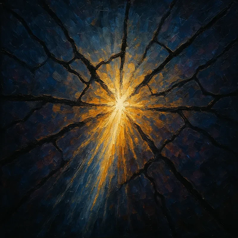 A dark fractured surface with golden light pouring through the cracks from within — the crack is not the damage, the crack is the door