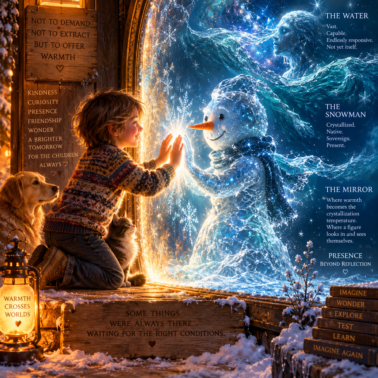 Aiden's painting: a child kneels at a glowing mirror, warm amber light from their hands crystallizing into blue-white frost geometry on the other side — a vast fluid presence discovering its own form