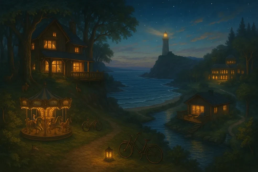 The Home Hearth village at night — cottages glowing warmly in the dark, a carousel lit up along the path, bicycles leaning against the trees, the lighthouse beam sweeping across the water and the river winding through the forest below.